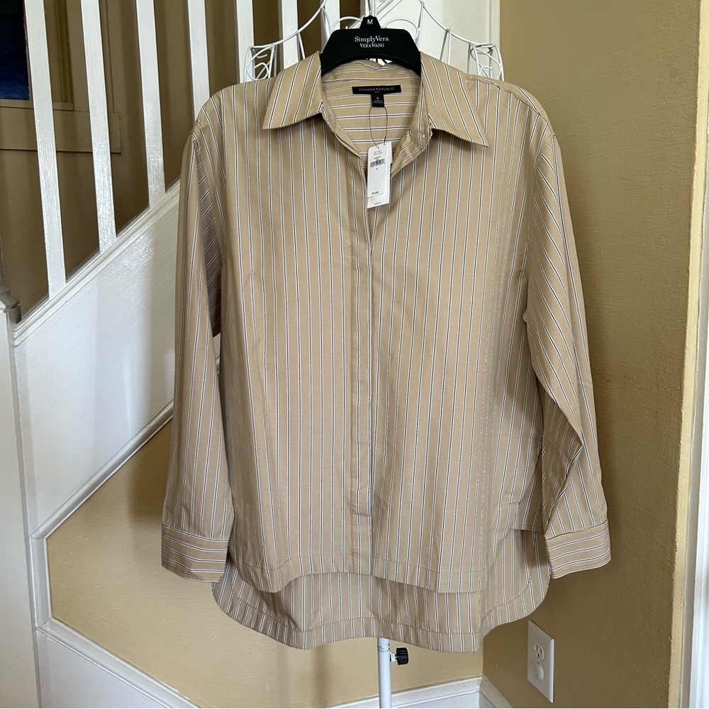 Banana Republic Neutral Stripe Long Sleeve Oversized Button Up Blouse Size S NWT